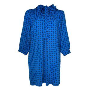 Anna Sui Blue Tie Front Mock Neck Boho Retro Flowy Cocktail Shift Dress Sz M
